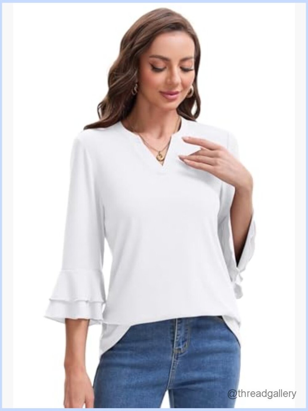 3/4 Bell Sleeve V Neck Tunic Blouse Business Casual Tops - Picture 4 of 7